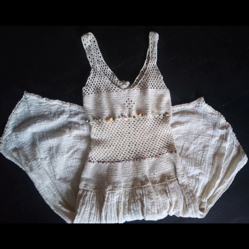 Vintage ivory crochet cotton gauze dress festival